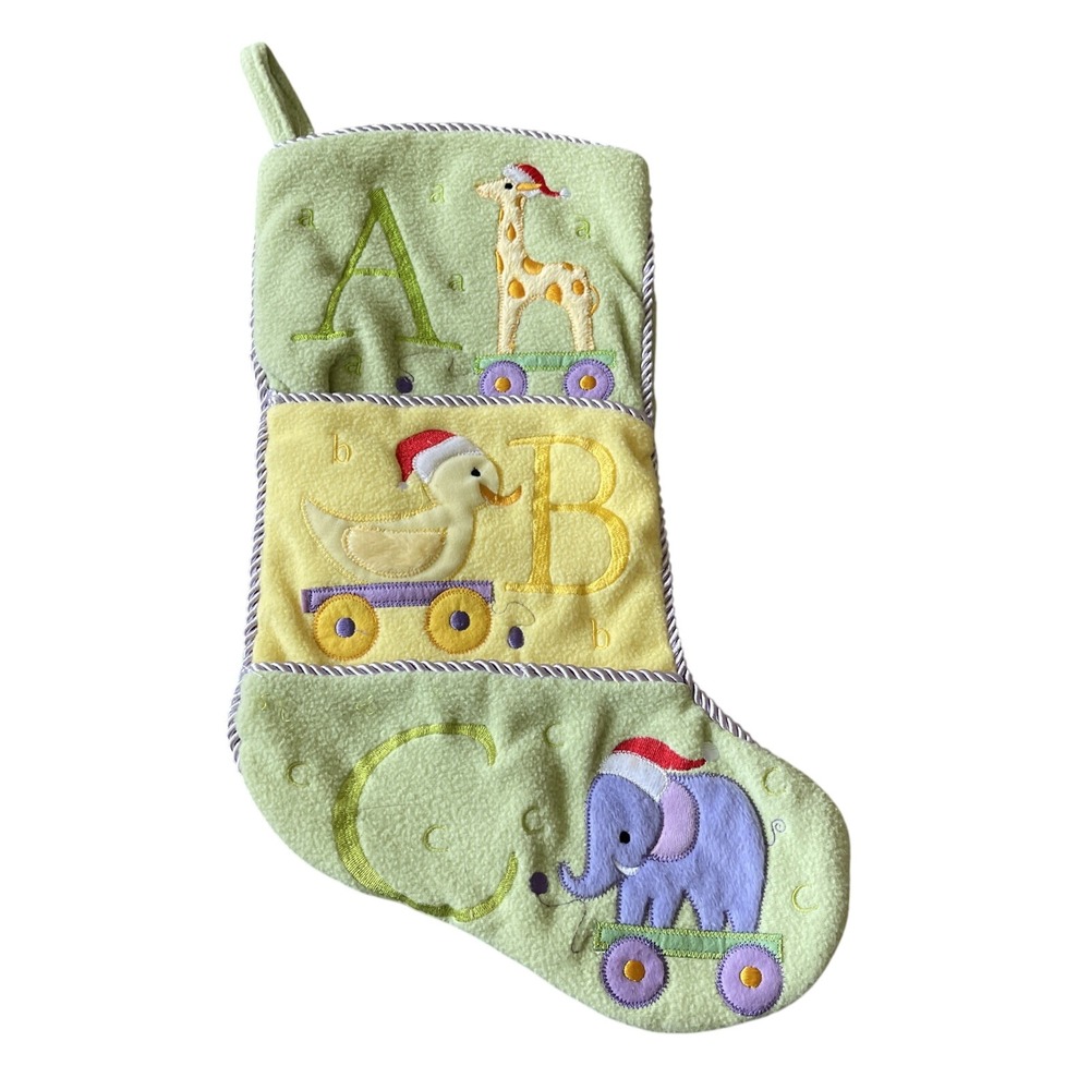 Vtg ABC green Yellow Stocking Pastel Elephant Duck Giraffe Baby Seasonal Special